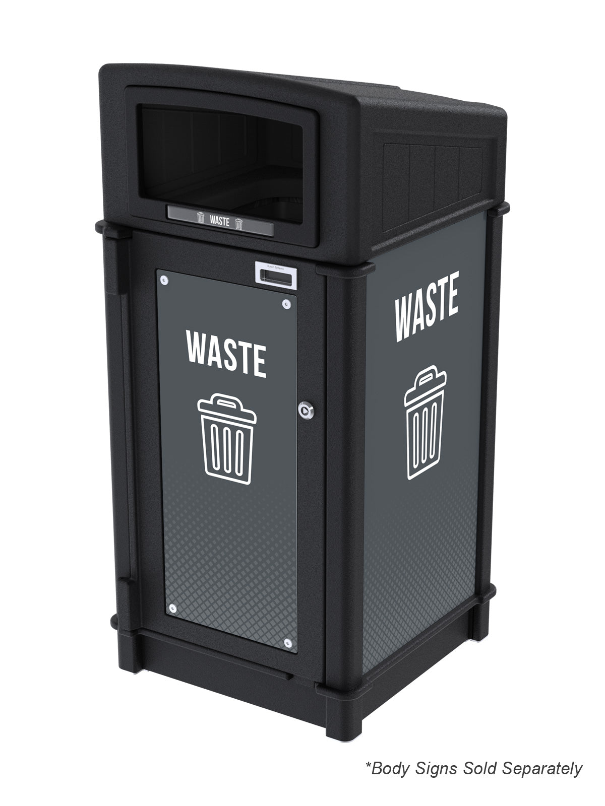 FUSION - Single Stream Front-Load Waste Bin with Full Lid Opening and Door Signage
