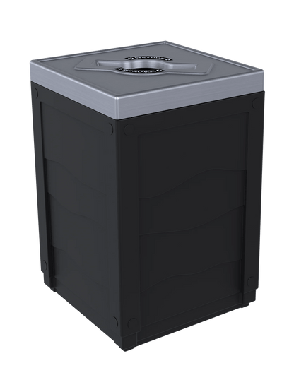 EVOLVE - 50G Black Cube with Mixed Opening Lid (Stainless Steel Finish) and 'Recyclables' Lid Labels