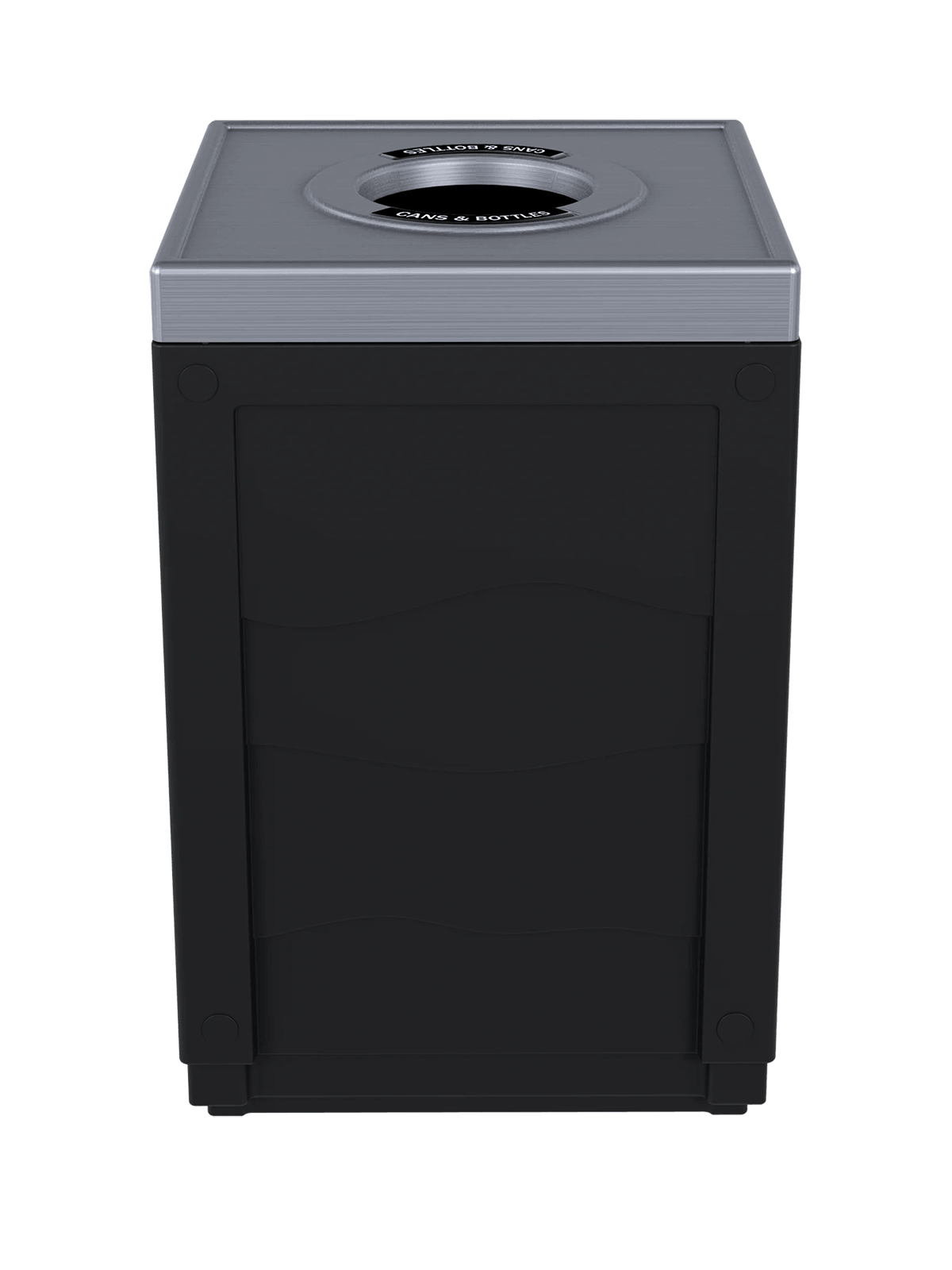 EVOLVE - 50G Black Cube with Circle Opening Lid (Stainless Steel Finish) and Cans & Bottles Label