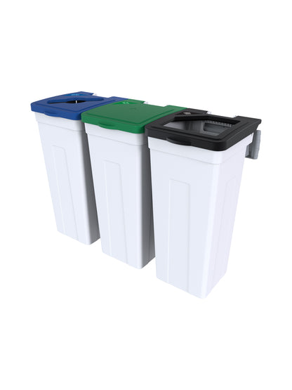 RISE - Triple White Body with Black Full/Green Solid Lift/Blue Mixed Opening Lids, 'Waste', 'Organics', & 'Mobius Loop' Lid Labels and Wall Mount Aluminum Extrusion