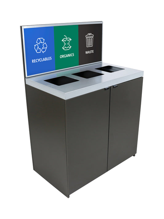 SESSANTA - Triple-Stream Station in Slate Finish with Sign Frame and 'Recyclables', 'Organics', 'Waste' Signs