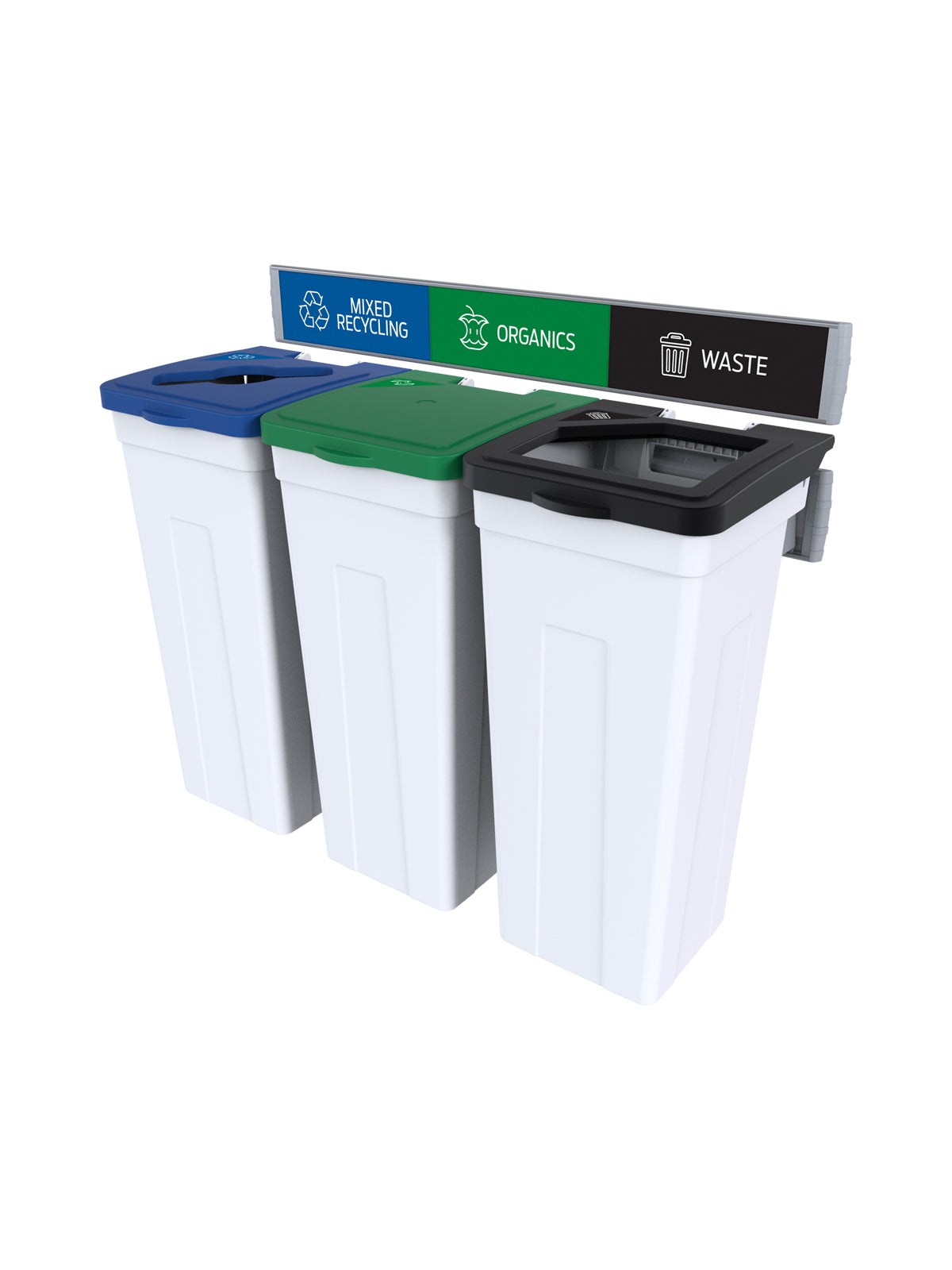 RISE - Triple White Body with Black Full/Green Solid Lift/Blue Mixed Opening Lids, 'Waste', 'Organics', & 'Mobius Loop' Sign and Lid Labels, and Wall Mount Aluminum Extrusions
